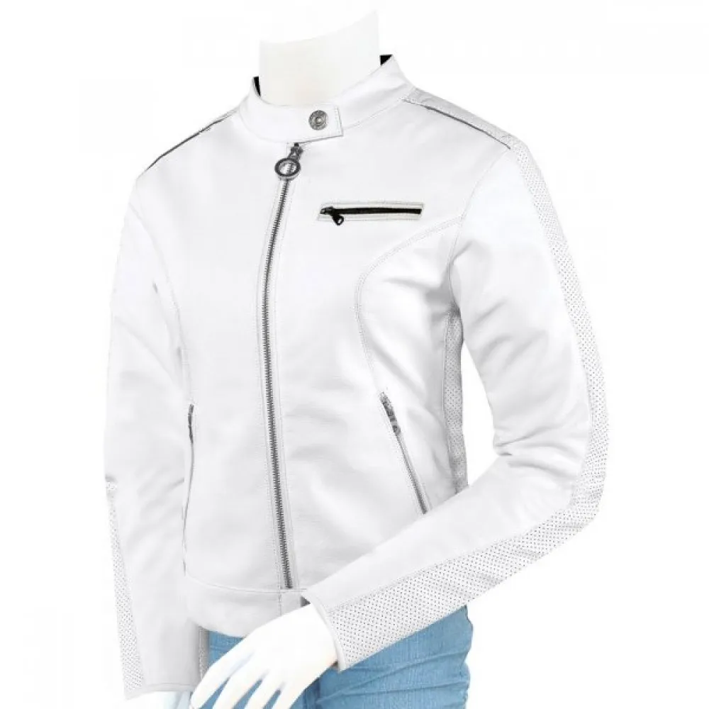 Women White Biker Leather Jacket